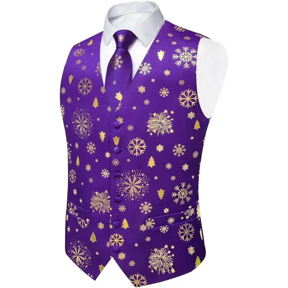 Christmas Men's Suit Vest Tie Set Formal Waistcoat Tuxedo Purple Festive sz L